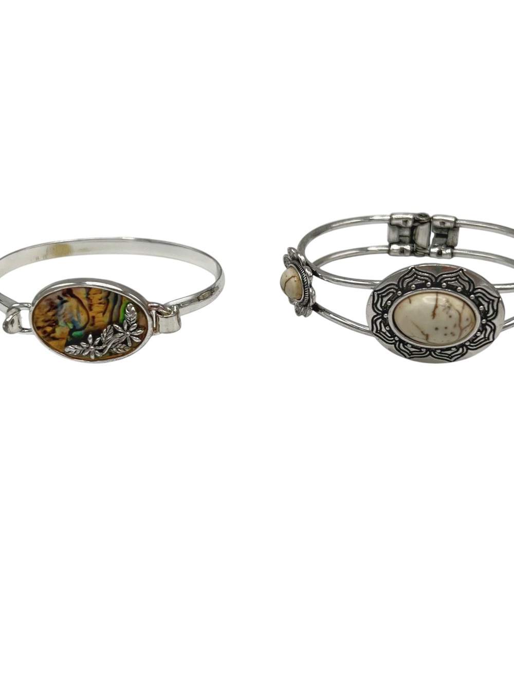 Lot of 2 Silver Tone Hinged Clamper & Latch Cuff Faux Abalone Bangle Bracelets
